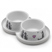 Moderna Double Trendy Dinner Cats in Love МОДЕРНА двойная миска для кошек, защита от муравьев, пластик, светло-серый, дизайн Влюбленные Коты, 2х350мл, d10см